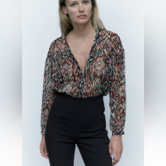 ZARA PRINTED SHIRT WITH METALLIC THREAD SIZE M NWT - Picture 5 of 7